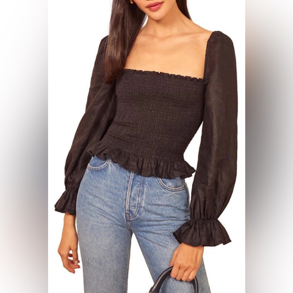 NWOT Reformation Linen Super Balloon Sleeves Smocked Top - Small - Picture 3 of 11